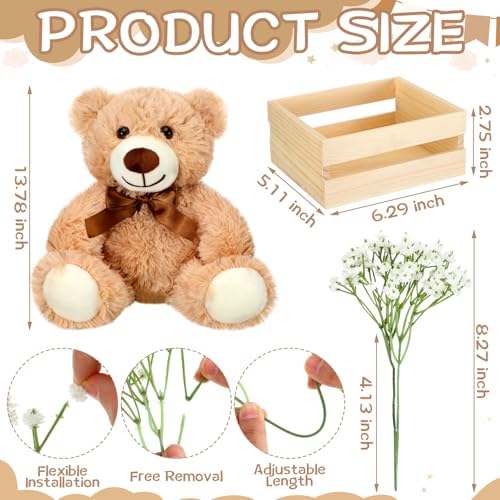 Amyhill 4 Sets Bear Baby Shower Centerpieces Baby Shower Table Decorations with Bears Wooden Crates Bamboo Baskets Artificial Flowers for Birthday Wedding Gender Reveal Party(Classic) - Image 2