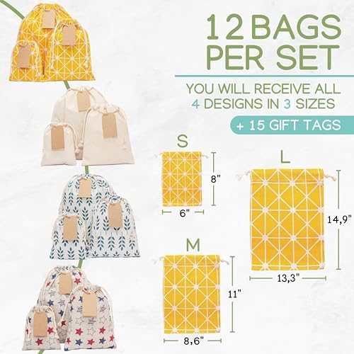 12 PCS Reusable gift bags with drawstring + 15 gift tags | Fabric gift bags in 3 Sizes | Gift wrapping alternative, storage bags, travel & party favor bags. 1st Ed. - Image 3