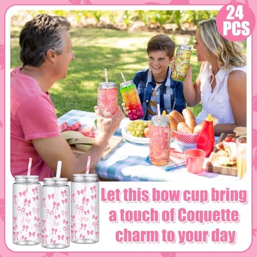 Chuangdi 24 Sets 14 oz Pink Bow Bottles with Straws Party Jars Metal Lids - Image 5