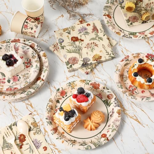 Roshtia Floral Party Supplies Set for 50 Guests - Watercolor Flowers Paper Plates & Napkins, Disposable Dinnerware for Women & Girls Birthday, Vintage Tea Party & Baby Shower Tableware - Image 5