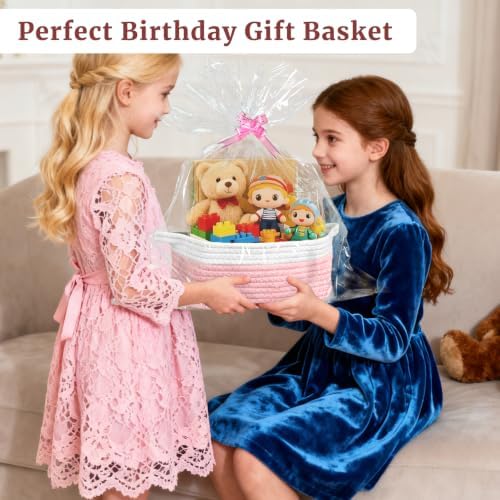 8 Pack Small Woven Baskets with Gift Bags & Ribbons & Cards, Cotton Rope Durable Storage with Handles 12"x8"x5" Empty Gift Baskets for Mother's Day, Baby Showers, Birthdays & Raffle (Pink) - Image 4