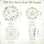 Funnymoom 250 Pcs Sage Green Gold Floral Paper Plates Napkins Cups Serve 50 - Image 3