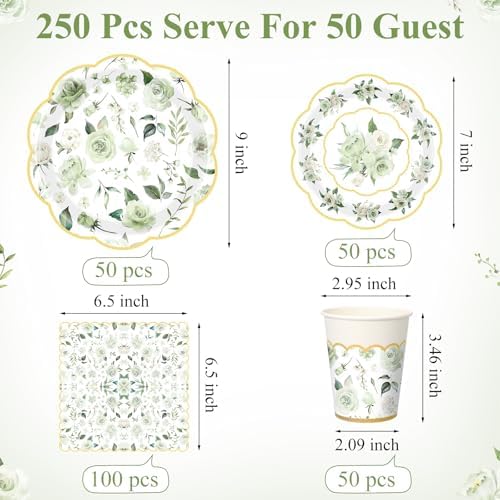 Funnymoom 250 Pcs Sage Green Gold Floral Paper Plates Napkins Cups Serve 50 - Image 3