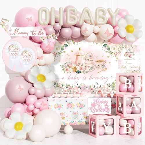 Hombae Tea Party Baby Shower Decorations, 139 PCs - A Baby Is Brewing Party Supplies with Teapot Backdrop, Pink Balloons Garland, Floral Garden Tablecloth, Cake Topper Mommy to Be Sash by Hombae