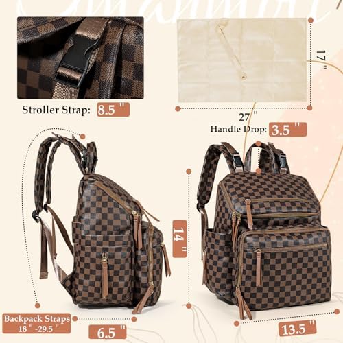 Omanmoli Checkered Diaper Bag Backpack Large Baby Diaper Bag Leather with 17 Diaper Bag Organizing Pouches,Changing Pad,Stroller Straps,4 Insulated Pockets, Coffee - Image 5