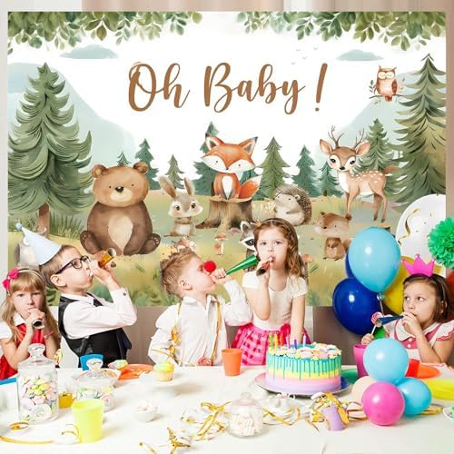 10x8ft Woodland Baby Shower Backdrop Oh Baby Banner, Forest Animal Background Decorations for Gender Neutral Baby Shower, Rustic Woodland Newborn Photo Prop, Nature Theme Party Supplies - Image 4