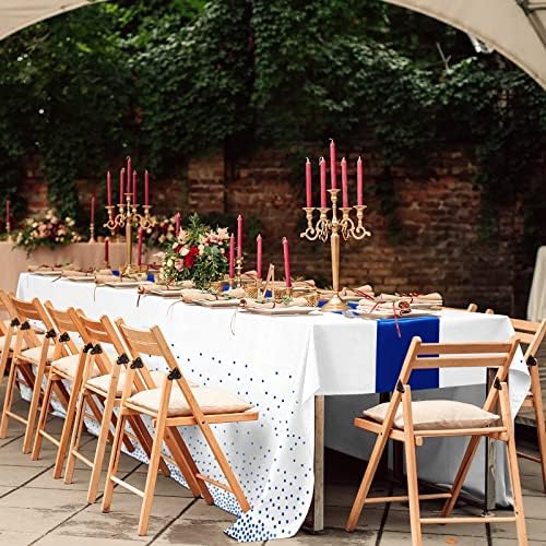 16Pack Disposable Plastic Tablecloths and Satin Table Runner Set White and Blue Dot Tablecloth Blue Satin Table Runner for Wedding Birthday Baby Shower Anniversary Christmas New Year Party Supplies - Image 7