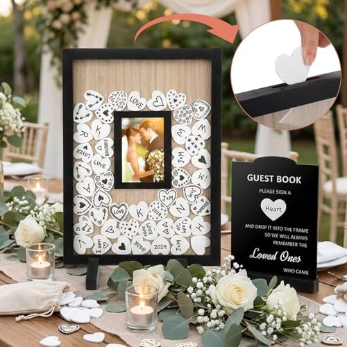 Wedding Guest Book Alternatives, Rustic Wedding Guest Book Sign Reception Drop Box with 100 Wooden Picture Frame Hearts for Wedding Anniversary Birthday Party (Black) - Image 6
