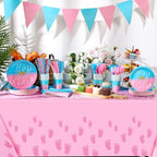 Hushee 291 Pcs Gender Reveal Party Supplies Boy or Girl Disposable Tableware Set for 36, Flatware Paper Plates Napkin Cups Straws Pink Blue Pennant Banner Plastic Tablecloth for Baby Shower Decoration - Image 3