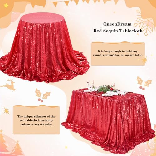 QueenDream Red Sequin Party Tablecloth 90x90 Inch Dessert Table Drapes - Image 4