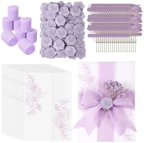 Fullhawl 50 Sets Wedding Invitations Wraps Set Pre Folded Vellum Jackets for 5 x 7 Invitations Dried Flowers Wax Seal Stickers Chiffon Silk Ribbon for Wedding Birthday Bridal Shower Craft DIY (Purple) by Fullhawl