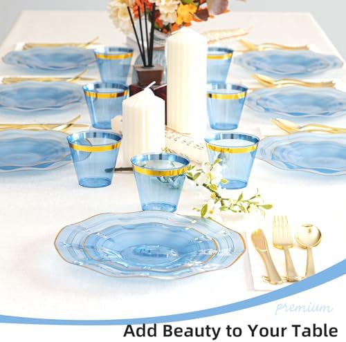 175PCS Blue Plastic Plates with Gold Rim, Disposable Blue Plates - Image 5