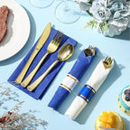 Lasnten 50 Pcs Pre-rolled Gold Cutlery Set with Napkins Navy Blue, White - Image 4