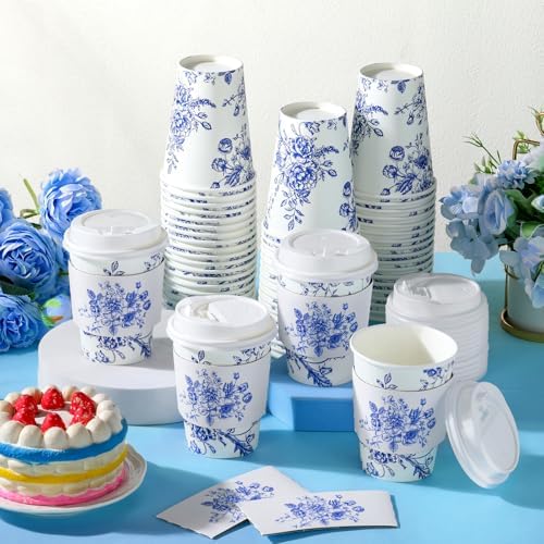 Vesici 60pcs 14oz Blue and White Disposable Coffee Cups with Lids and Sleeves Chinoiserie Toilet Floral Coffee Cup Botanical Herb Paper Cup for Summer Birthday Wedding Bridal Shower Tea Party Supplies - Image 4