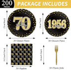200PCS 70th Theme Birthday Party Tableware Vintage 1956 Party Supplies 70 year old Birthday Party Decorations Plates Napkins Forks Black and Gold Dinnerware Favors for Men or Women - Image 2