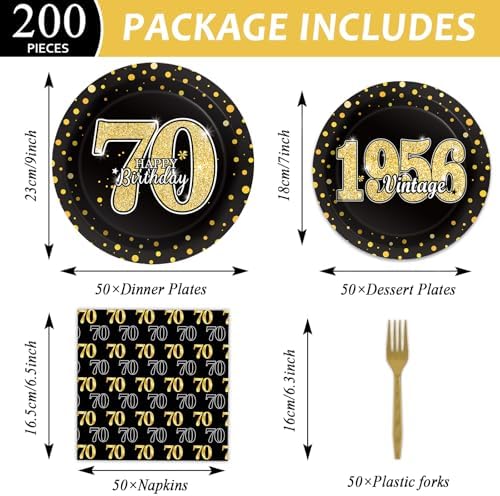 200PCS 70th Theme Birthday Party Tableware Vintage 1956 Party Supplies 70 year old Birthday Party Decorations Plates Napkins Forks Black and Gold Dinnerware Favors for Men or Women - Image 2