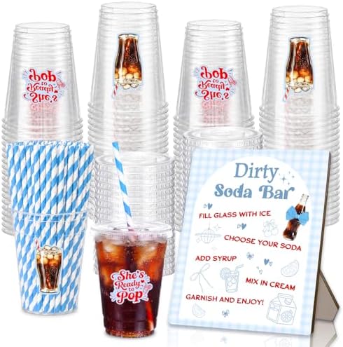 50 Pcs "She's Ready to Pop" Theme Baby Shower Disposable Plastic Cups with Straws, 12 Oz, with Bar Sign, Soda Theme, Gender Reveal, Pregnancy Announcement, Weddings, Bachelorette Party Supplies (Blue) by Unknown