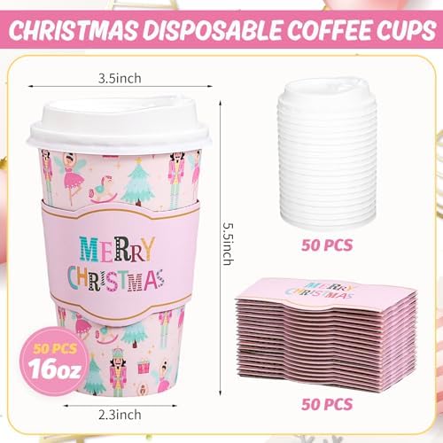 Whaline 50Pcs Merry Christmas Disposable Coffee Cups with Lids and Sleeves Pastel Pink Nutcracker Paper Drinking Cup for Xmas Birthday Party Supplies - Image 2
