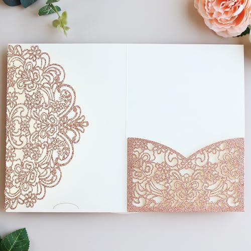 Hosmsua 50PCS Rose Gold Glitter Laser Cut Invitation Pocket, 5.12 x 7.2 Trifold Lace Floral Wedding Invitation Pockets with Envelopes for Wedding Bridal Shower Quinceanera Invite (No Inner Sheet) by Hosmsua