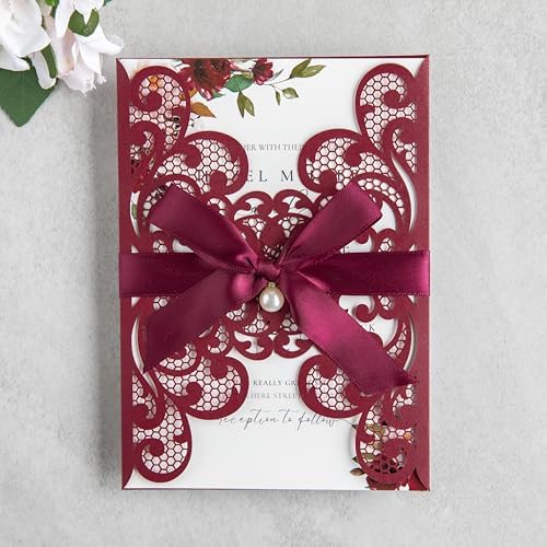 20Pcs Burgundy Laser Cut Wedding Invitation Cards With Envelopes by FEIYI