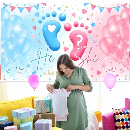 Mocsicka Gender Reveal Backdrop Blue or Pink Balloons Footprint He or She Gender Reveal Theme Banner Party Decorations Photo Booth Props (8x6ft) - Image 7