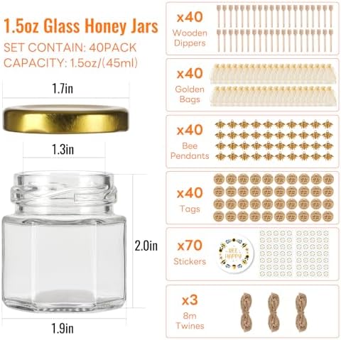 1.5 oz Mini Hexagon Glass Honey Jars 40 Pack, Gold Lids with Dipper & Jute - Image 2