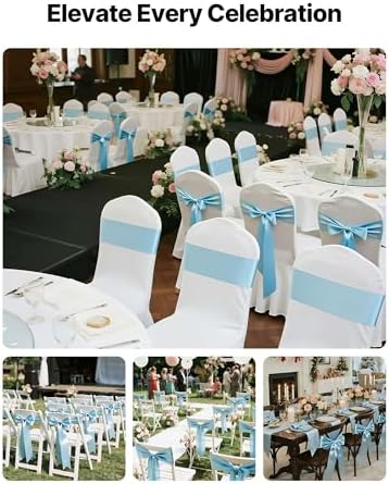 VEVOR Satin Chair Sashes Bows, Chair Ribbon Ties Back Sash, 7 x 108 inch, Wedding Reception Decoration, for Wedding Ceremony Baby Shower Party Events Banquet Cover Decoration (Light Blue, 100pcs) - Image 2