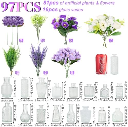 WARMALL Artificial Flowers with Vases, 16 Pcs Bud Vases, & 44Pcs Artificial Purple Flower DIY Set Suitable for Centerpieces Table Weddings Party Office and Indoor Decor Mini Small Glass Clear（Purple） - Image 2