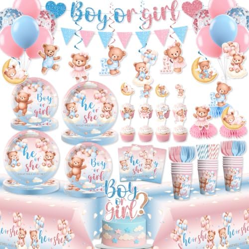 Xynic 206Pcs Bear Gender Reveal Decorations Tableware Set, Serves 25 by Unknown