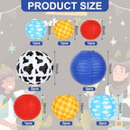 Whaline 12Pcs Cartoon Story Paper Lantern Kits Red Blue Cow Print Yellow Checkered Hanging Round Lanterns for Birthday Baby Shower Party Decoration - Image 2