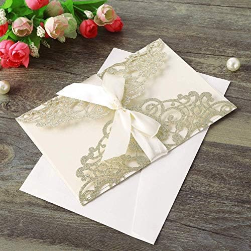 Hosmsua 50PCS Light Gold Glitter Laser Cut Wedding Invitations with bowknot and Envelopes 5.12 x 7.3 Blank Invitations for Wedding Bridal Shower Engagement Birthday Invitation (Champagne Glitter) - Image 5