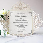 Hosmsua 50PCS Personalized Silver Glitter Wedding invitation with Envelopes, 6.3x6.3 Laser Cut Hollow Lace Rose Invitation for Wedding Engagement Birthday Invite (Customized Printed) - Image 7