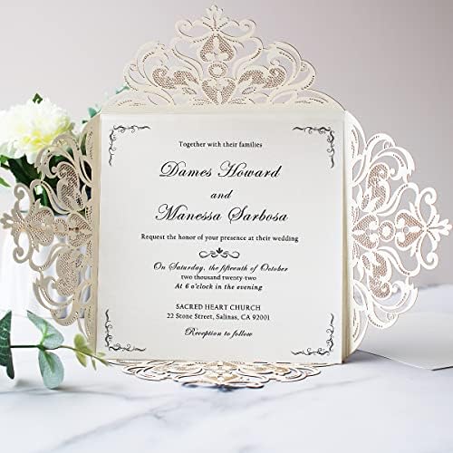 Hosmsua 50PCS Personalized Silver Glitter Wedding invitation with Envelopes, 6.3x6.3 Laser Cut Hollow Lace Rose Invitation for Wedding Engagement Birthday Invite (Customized Printed) - Image 7