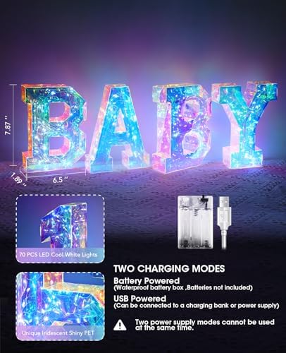 AceList Iridescent Baby Marquee Letters for Baby Shower - 7.87 Inch Light Up Sign for Table Centerpiece & Backdrop, Holographic 70 LED Decor for Gender Reveal, Nursery Room, Birthday Party Supplies - Image 2