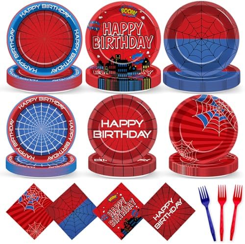 200PCS Spider Birthday Party Supplies Super Theme Paper Plates and Napkins Spider Web Disposable Tableware Set Red and Blue Hero Plates for Birthdays Baby Shower Movie Fans Party Decorations by WelcometoMinFyberd