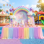 Rainbow Tablecloth for 8 Foot Rectangle Tables with Tulle Table Skirt by PartyTalk