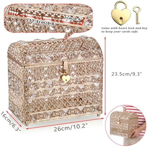 ELLDOO Crystal Wedding Card Box with Heart Lock, Vintage Money Card Box Treasure Chest Style Gold Gift for Wedding Receptions, Centerpiece Decor, Anniversary Keepsake, Gift, Small Size - Image 5