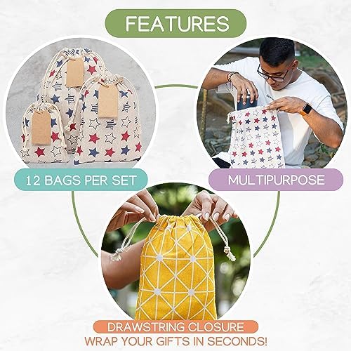 12 PCS Reusable gift bags with drawstring + 15 gift tags | Fabric gift bags in 3 Sizes | Gift wrapping alternative, storage bags, travel & party favor bags. 1st Ed. - Image 7