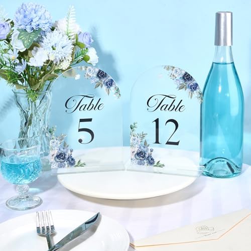 Dusty Blue & Navy Wedding Acrylic Table Number 1-20 with 20Pcs Stands, 5"x7" Floral Elegant Place Card Centerpiece Decorations for Indoor Outdoor Wedding Bridal Shower Anniversary Party - Image 3