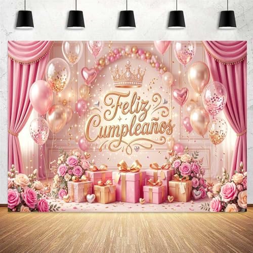 Feliz Cumpleaños Backdrop Pink Gold Balloon Crown Rose Gift Curtain Photo Background Banner for Women Girls Birthday Party Photoshoot 12X10ft - Image 4