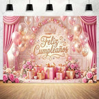 Feliz Cumpleaños Backdrop Pink Gold Balloon Crown Rose Gift Curtain Photo Background Banner for Women Girls Birthday Party Photoshoot 15X10ft - Image 4