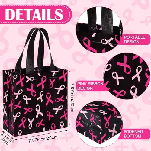 Lingvee 50 Pcs Breast Cancer Awareness Gift Bag Bulk Reusable Tote Bags with Handle, Pink Ribbon Non Woven Bottom Tote for Women Friends Breast Cancer Survivor Party Supplies(Pink Ribbon) - Image 3