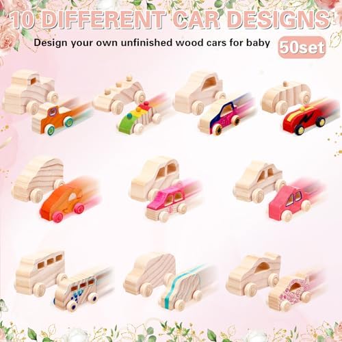 Hiboom 75 Pcs Baby Shower Wood DIY Print Car Set, Pink, Flower - Image 3