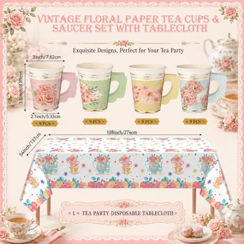 Yungyan 145 Pcs 36 Set Floral Tea Party Supplies, Tea Party Plates and Napkins Set with Tablecloth, Disposable Handle Teacups and Saucers for Birthday Wedding Bridal Shower Decorations(Sweet Style) - Image 3