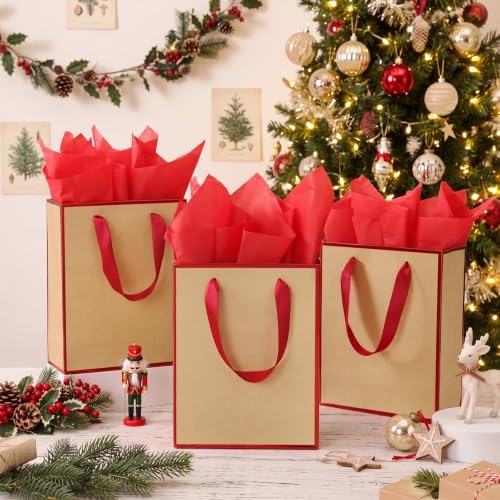 Yeaqee 50 Pack Metallic Paper Gift Bag Bulk with Handle, Kraft, Red - Image 5
