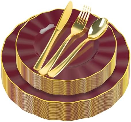 150Pcs Plastic Plates with Gold Rim, Heavy Duty Burgundy Plates for 30 Guests, Plastic Dinnerware Set Include 30 Dinner Plate, 30 Dessert Plate, 90 Gold Cutlery Set for Party (Burgundy) by ZHZJCKSHB