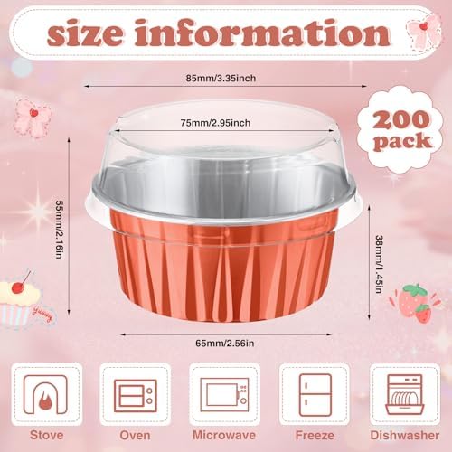 200 Pack Aluminum Cupcake Liners with Lids,Rose Silver,Plain - Image 4