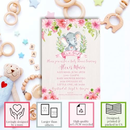 Custom Baby Shower Invites Pink Dahlia Flowers Elephant Invitation 20 5x7 Personalized Watercolor Dahlia Elephant Invites With Envelopes - Unique Girl Watercolor Dahlia Elephant Baby Shower Cards - Image 2