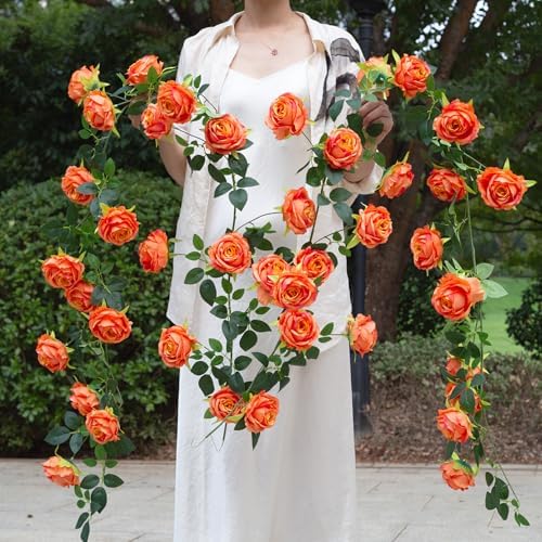 2Pcs 12Ft Bendable Flower Garland Faux Rose Vine for Home Decor,Orange - Image 5