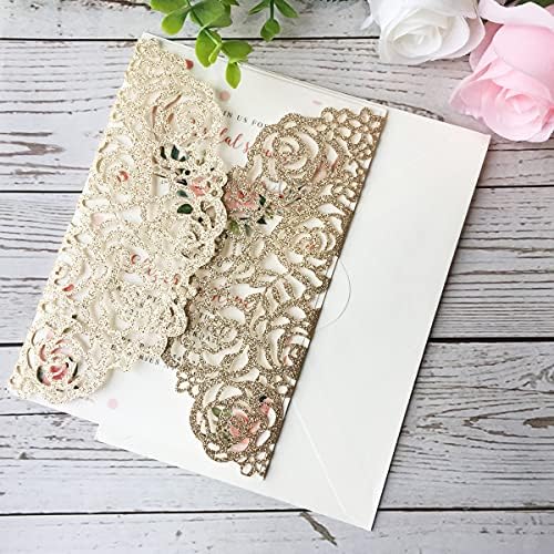 50PCS 5.12 x 7.28'' Gold Wedding Invitations Cards with Burgundy Bowknot Laser Cut Hollow Rose Flowers Invitation for Bridal Shower Engagement Wedding Invite (Gold Glitter) - Image 4